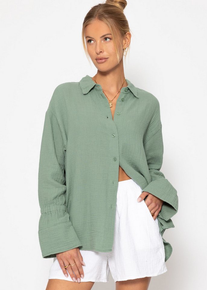 SASSYCLASSY Langarmbluse Musselin Bluse Oversize mit gerafften Manschetten Leichte Hemdbluse Damen aus Baumwolle mit breiten Ärmelabschlüssen von SASSYCLASSY