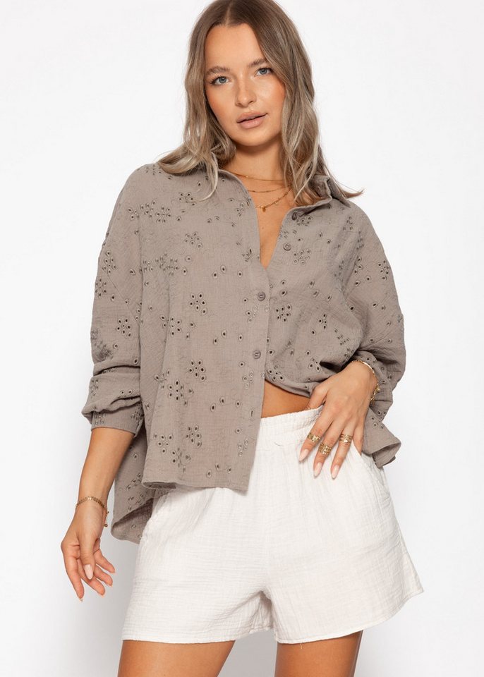 SASSYCLASSY Langarmbluse Musselin Bluse mit Lochstickerei für Damen Luftige Bluse aus Musselin mit Lochstickerei Taupe Offwhite von SASSYCLASSY