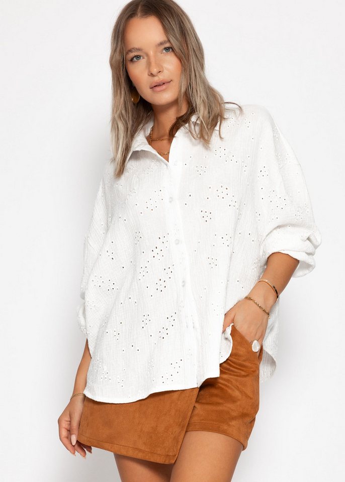 SASSYCLASSY Langarmbluse Musselin Bluse mit Lochstickerei für Damen Luftige Bluse aus Musselin mit Lochstickerei Taupe Offwhite von SASSYCLASSY