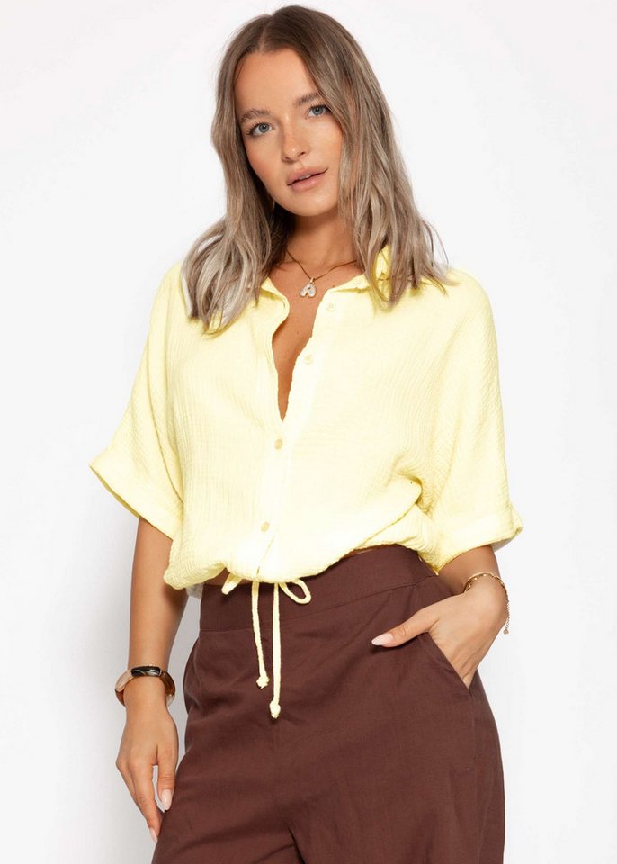 SASSYCLASSY Langarmbluse Musselin Bluse mit Zugband für Damen Cropped Baumwollbluse mit individueller Passform Flieder Gelb Weiß von SASSYCLASSY
