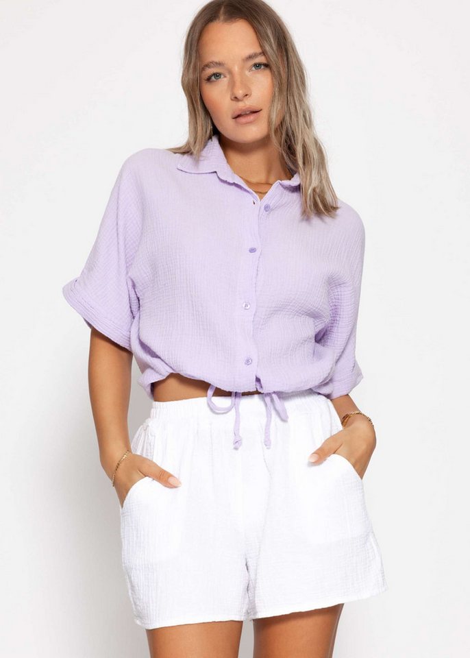 SASSYCLASSY Langarmbluse Musselin Bluse mit Zugband für Damen Cropped Baumwollbluse mit individueller Passform Flieder Gelb Weiß von SASSYCLASSY