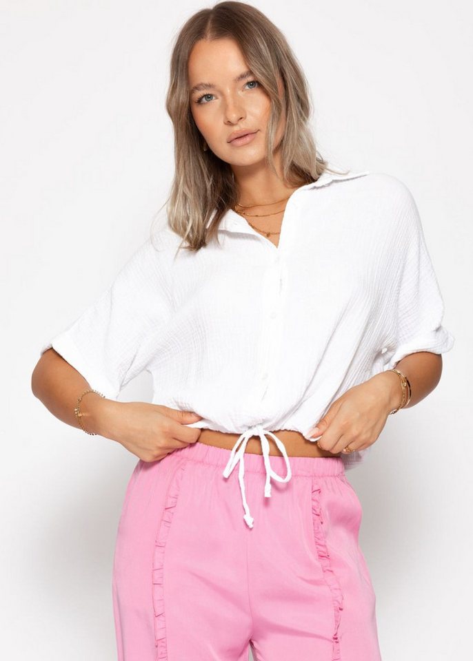 SASSYCLASSY Langarmbluse Musselin Bluse mit Zugband für Damen Cropped Baumwollbluse mit individueller Passform Flieder Gelb Weiß von SASSYCLASSY
