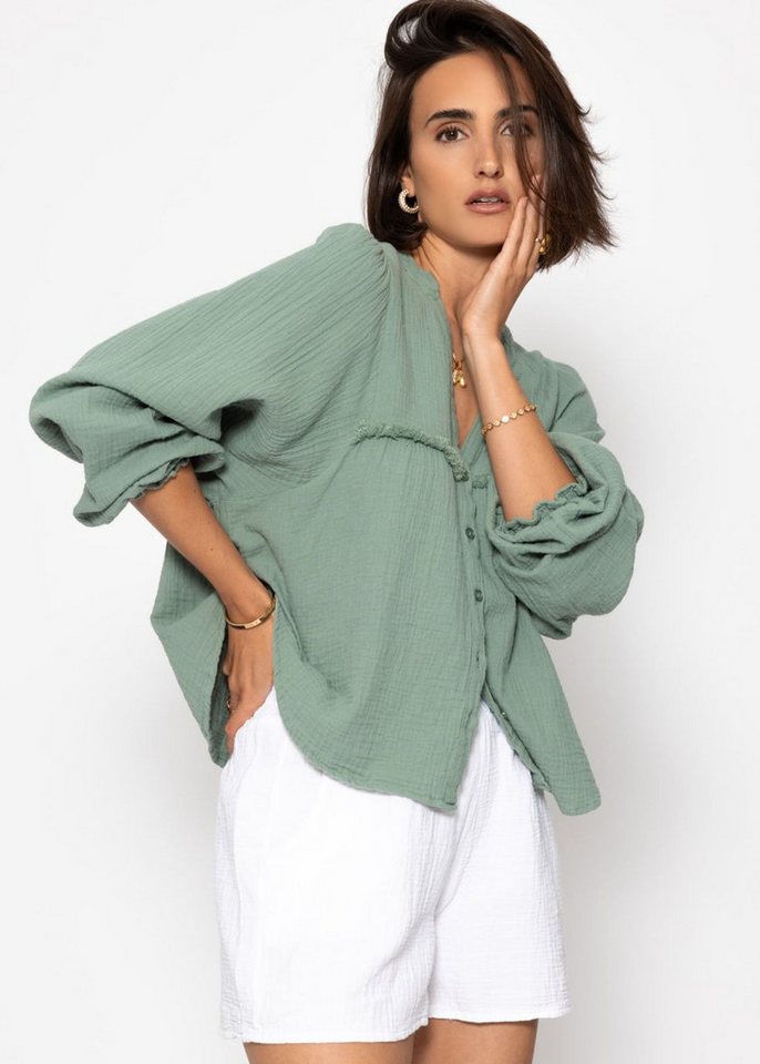 SASSYCLASSY Langarmbluse Musselinbluse Damen mit Fransen und Rüschenärmeln Musselin Bluse mit Fransenborte V-Ausschnitt und elastischem Bund von SASSYCLASSY