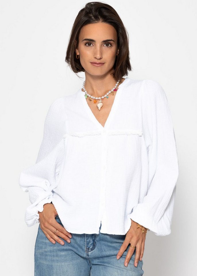 SASSYCLASSY Langarmbluse Musselinbluse Damen mit Fransen und Rüschenärmeln Musselin Bluse mit Fransenborte V-Ausschnitt und elastischem Bund von SASSYCLASSY