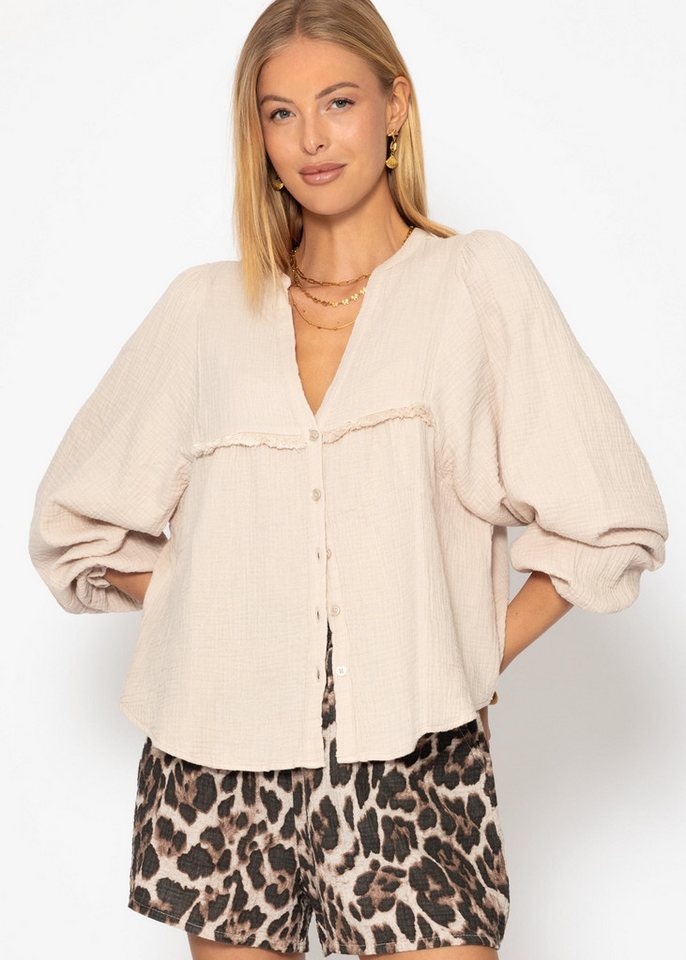 SASSYCLASSY Langarmbluse Musselinbluse Damen mit Fransen und Rüschenärmeln Musselin Bluse mit Fransenborte V-Ausschnitt und elastischen Bündchen von SASSYCLASSY