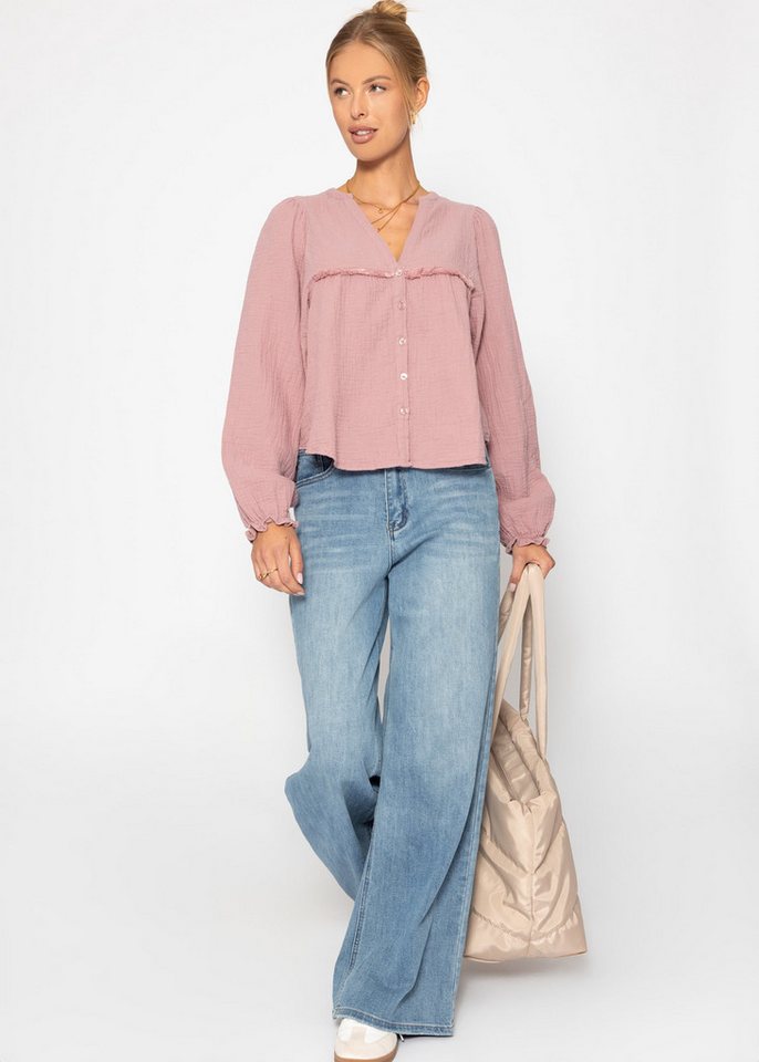SASSYCLASSY Langarmbluse Musselinbluse Damen mit Fransen und Rüschenärmeln Musselin Bluse mit Fransenborte V-Ausschnitt und elastischen Bündchen von SASSYCLASSY