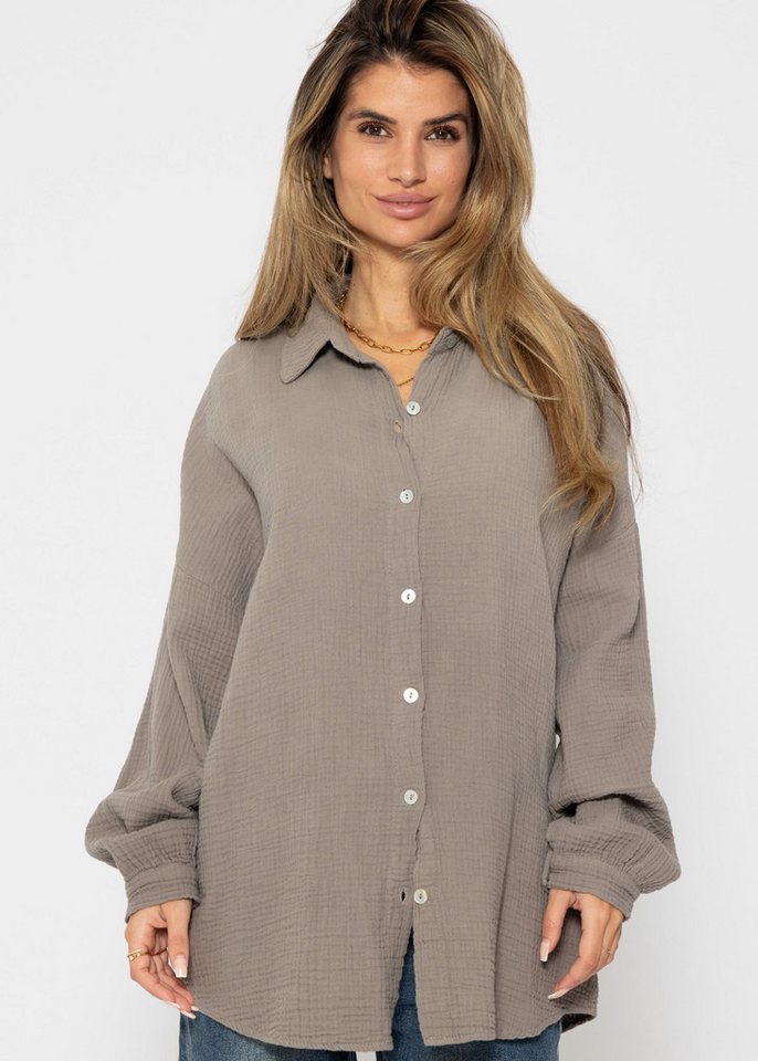 SASSYCLASSY Langarmbluse Oversize Musselin Bluse Damen kurz Langarm Elegant Hemdbluse lang aus Baumwolle mit V-Ausschnitt, One Size (Gr. 36-48) von SASSYCLASSY