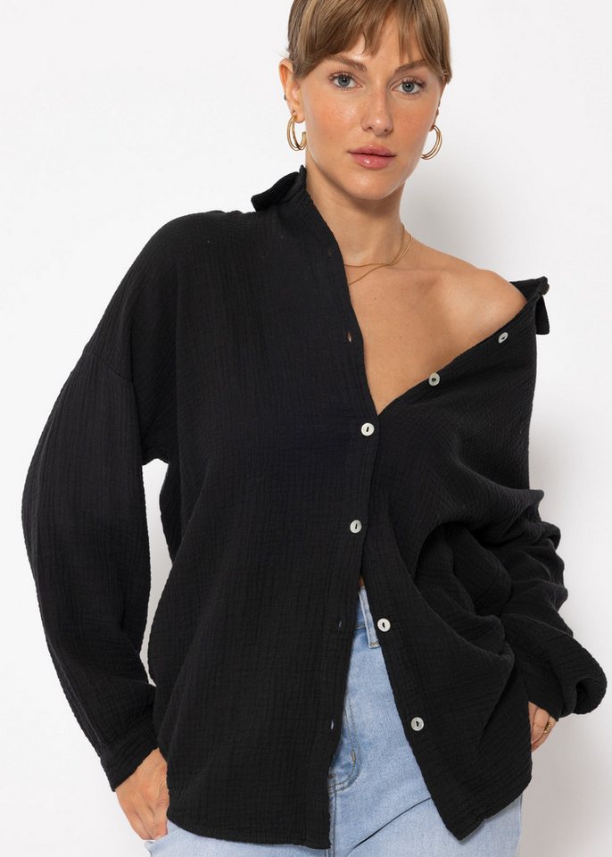 SASSYCLASSY Langarmbluse Oversize Musselin Bluse Damen kurz Langarm Elegant Hemdbluse lang aus Baumwolle mit V-Ausschnitt, One Size (Gr. 36-48) von SASSYCLASSY