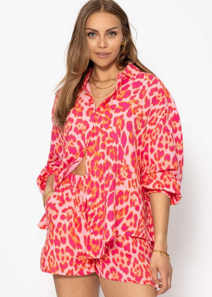 SASSYCLASSY Longbluse Oversize Musselin Bluse Damen mit Leo-Print Musselinbluse aus Baumwolle im Leopardenmuster Pink Orange SASSYCLASSY Longbluse Oversize Musselin Bluse Damen mit Leo-Print Musselinbluse aus Baumwolle im Leopardenmuster Pink Orange von SASSYCLASSY