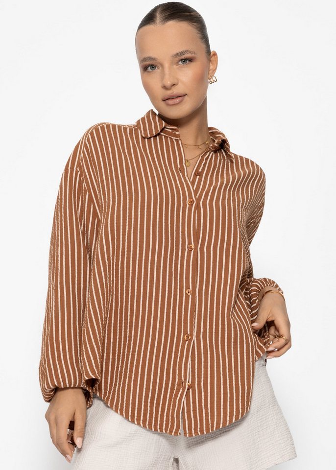 SASSYCLASSY Langarmbluse Oversize Musselin Blusenhemd Damen mit Streifen Lockere gestreifte langärmelige Musselinbluse aus Baumwolle Cognac von SASSYCLASSY
