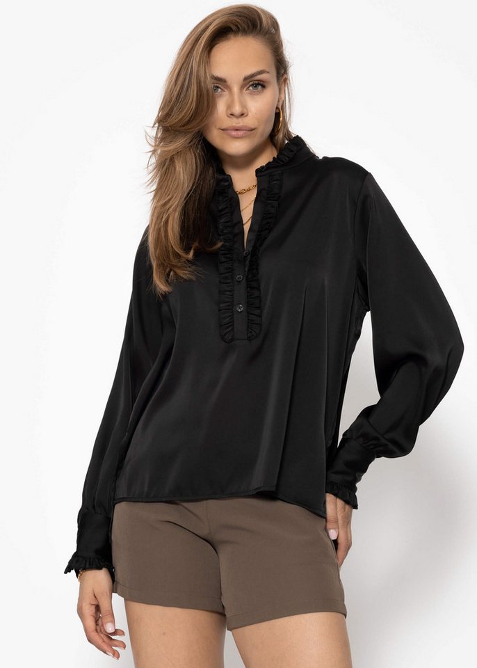 SASSYCLASSY Langarmbluse Rüschenbluse Damen Satin mit seitlichen Schlitzen Lockere Damenbluse aus Satin mit Rüschen an Kragen und Manschetten von SASSYCLASSY