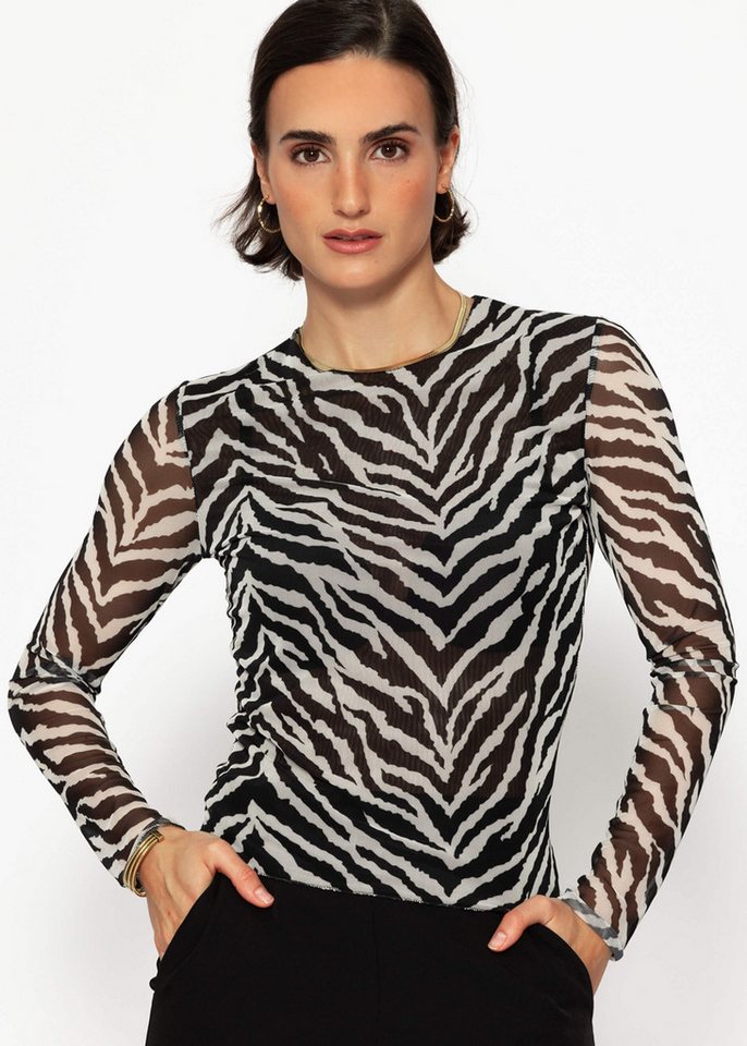 SASSYCLASSY Langarmshirt Animal Print Langarmshirt in transparenter Stoff Figurbetonte Mesh Bluse Damen elegant in Schlangen Zebra Optik Schwarz von SASSYCLASSY