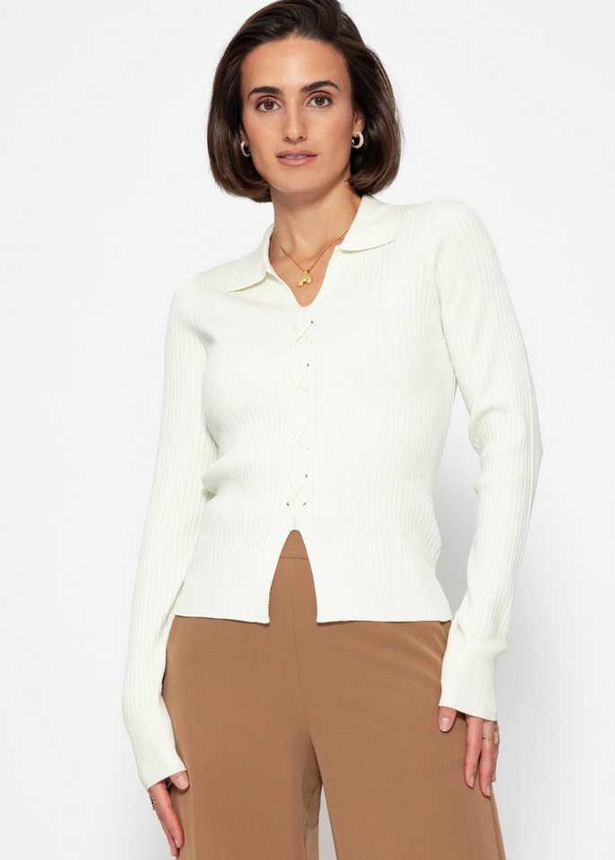 SASSYCLASSY Langarmshirt Geripptes Langarmshirt Damen mit Schnürdetail Figurbetontes Shirt aus Strickmaterial mit V-Ausschnitt Elegant von SASSYCLASSY