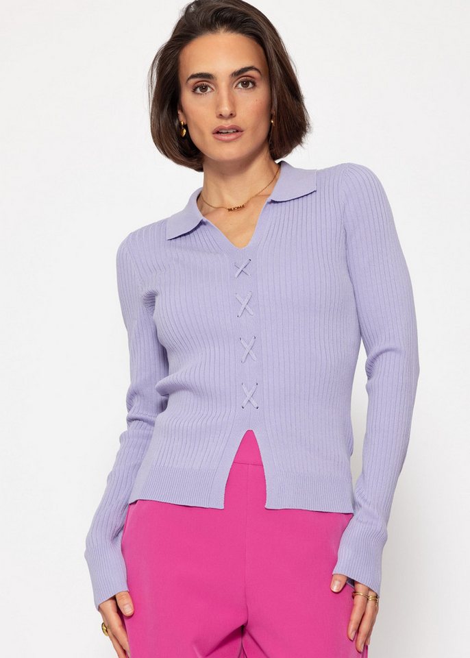 SASSYCLASSY Langarmshirt Geripptes Langarmshirt Damen mit Schnürdetail Figurbetontes Shirt aus Strickmaterial mit V-Ausschnitt Elegant von SASSYCLASSY