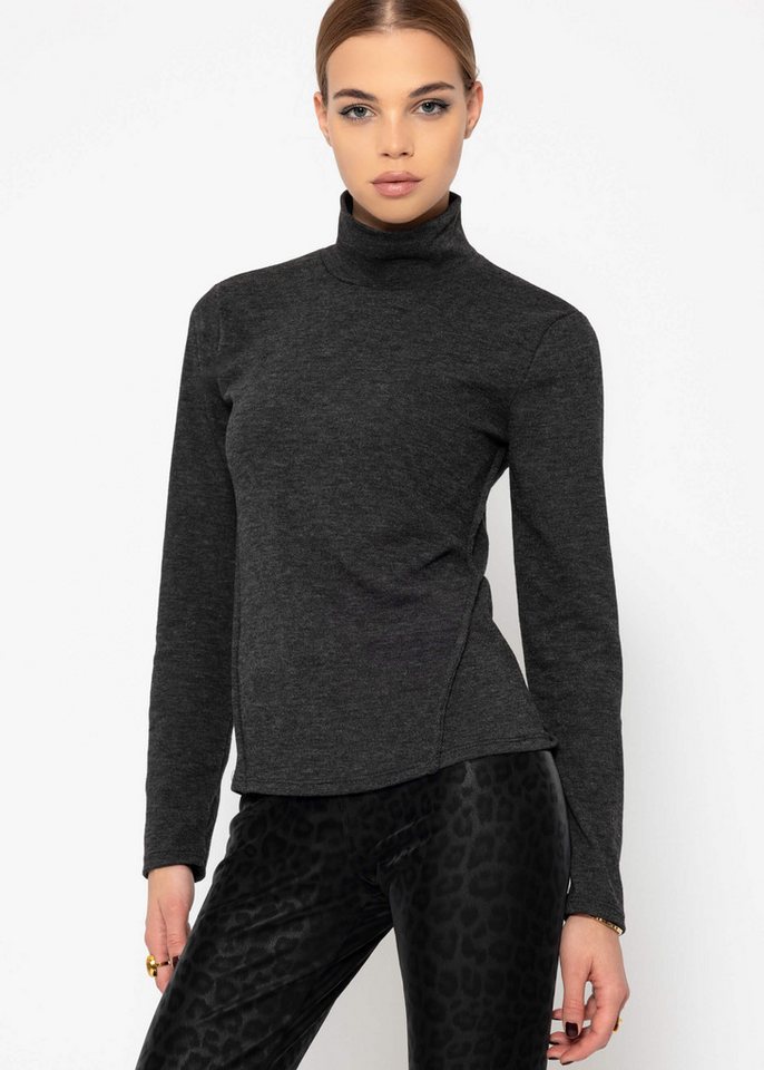 SASSYCLASSY Langarmshirt Geripptes Langarmshirt Damen mit Zeirnähet elegant Rollkragen-Shirt in Rippstruktur aus Jersey Material Taupe Grau von SASSYCLASSY
