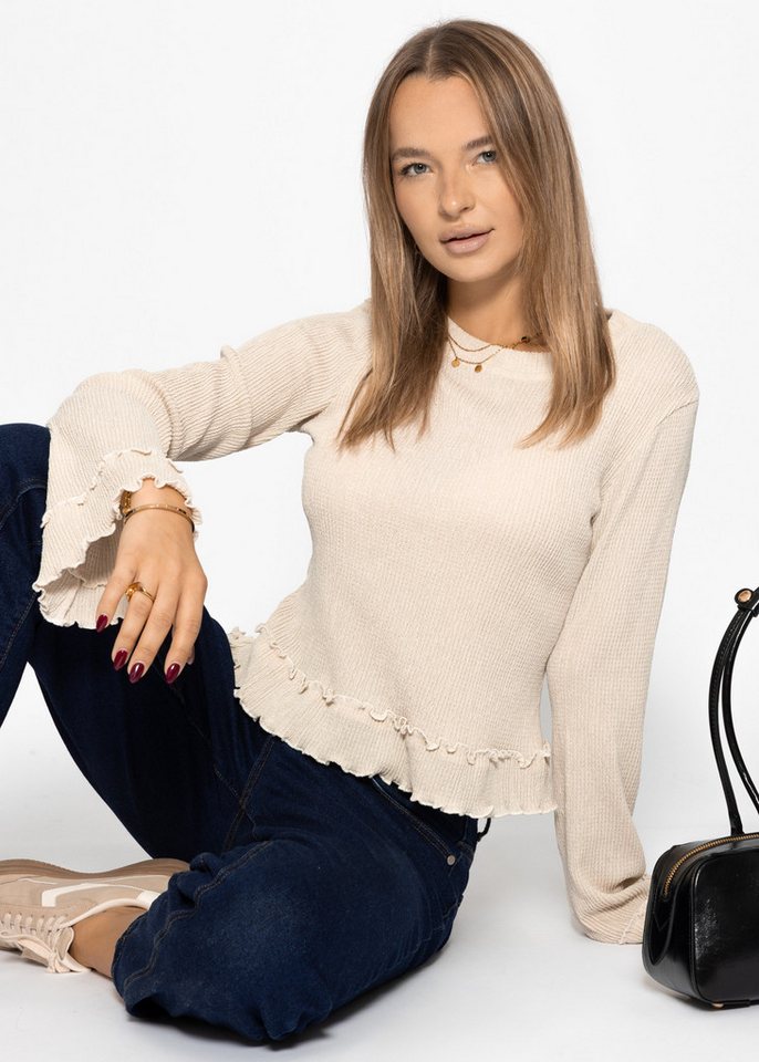 SASSYCLASSY Langarmshirt Langarmshirt mit Volants für Damen Feminines Shirt aus strukturiertem Stoff mit Rundhalsausschnitt Beige von SASSYCLASSY