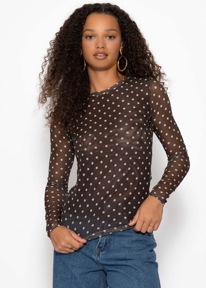 SASSYCLASSY Langarmshirt Mesh Langarmshirt mit Punkten für Damen Anliegendes Shirt aus Mesh mit gefütterter Vorderseite Beige Schwarz von SASSYCLASSY