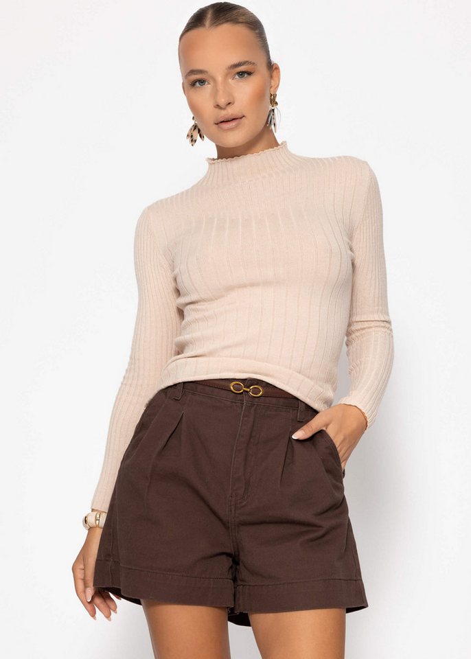 SASSYCLASSY Langarmshirt Rippstrickoberteil mit Stehkragen Damen Figurbetonter Feinstrickpullover mit Viskoseanteil Grau Beige Rosa von SASSYCLASSY