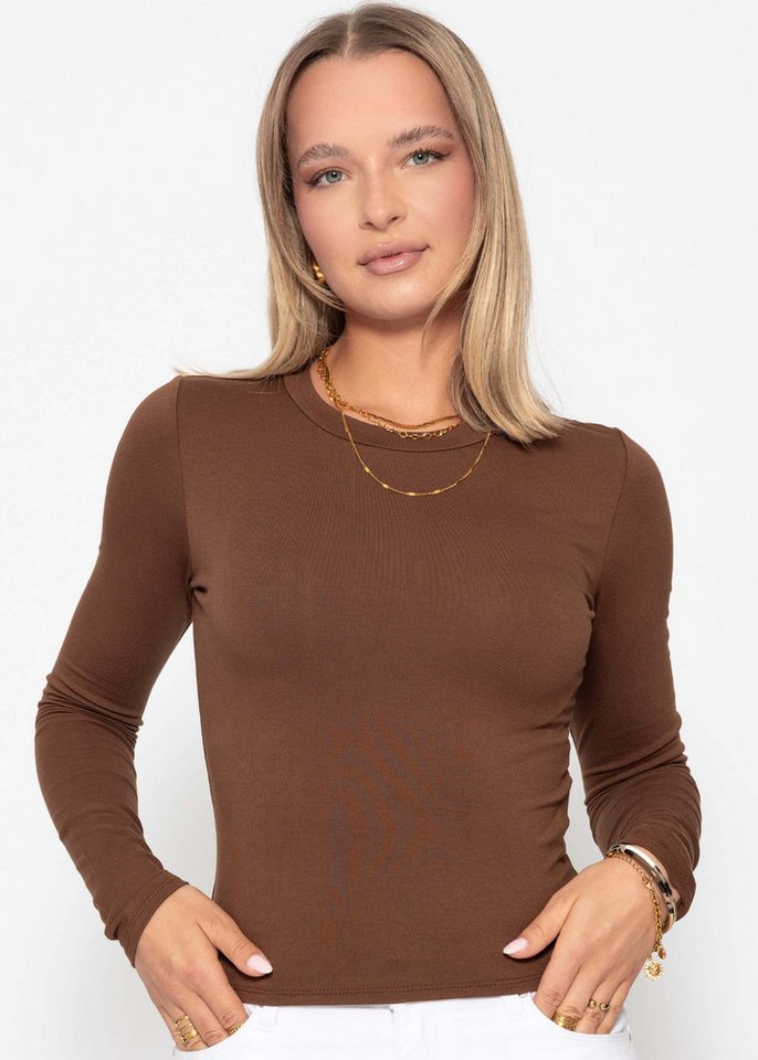 SASSYCLASSY Langarmshirt Rollkragenshirt Damen Elegant mit Nahdetails Rundhalsausschnitt Shirt mit und Naht am Rücken Braun Schwarz Grau von SASSYCLASSY