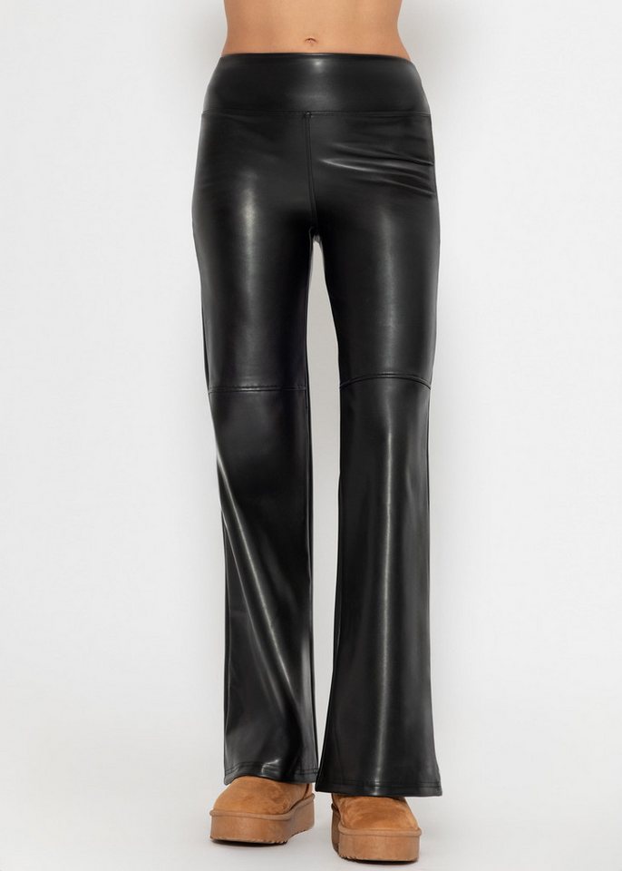 SASSYCLASSY Leggings High-Waist Flared Thermo-Leggings mit Taillenbund Kunstleder-Leggings Schwarz mit ausgestelltem Bein und breitem Bund von SASSYCLASSY