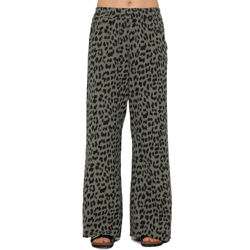 SASSYCLASSY Leoparden Hose Damen - Musselin Hose mit elastischer Taille - Leopardenmuster Stoffhose Damen M - Stoffhose aus Baumwolle in Khaki - High Waist Leopard Print Sommerhose Damen leicht von SASSYCLASSY