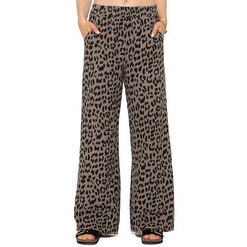 SASSYCLASSY Leoparden Hose Damen - Musselin Hose mit elastischer Taille - Leopardenmuster Stoffhose Damen M - Stoffhose aus Baumwolle in Taupe - High Waist Leopard Print Sommerhose Damen leicht von SASSYCLASSY