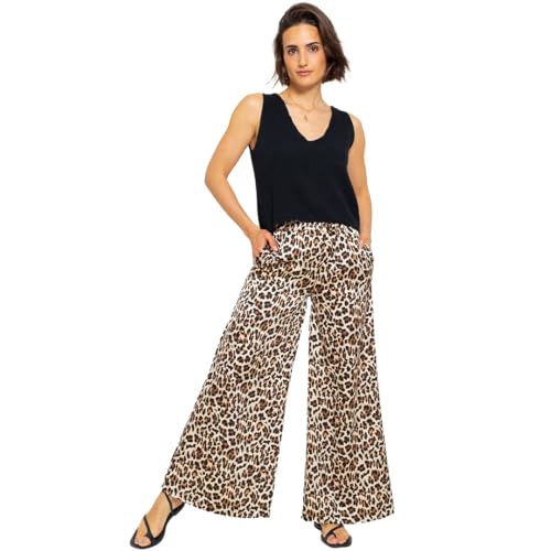 SASSYCLASSY Leoparden Hose Damen aus fließendem Stoff mit verdeckter elastischer Taille | Leopardenmuster Stoffhose Damen | Leopard Print Sommerhose Damen leicht | Größe S von SASSYCLASSY