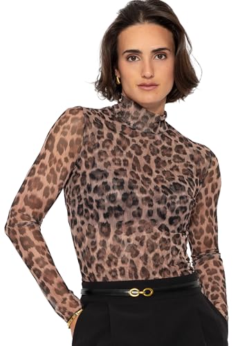 SASSYCLASSY- Leoparden transparentes Oberteil Damen - Leobluse Damen - Mesh Langarm Oberteil Leo - Leoparden Damenshirt - Leoprint durchsichtiges Langarmshirt - Animalprint Bluse - S M L - Braun von SASSYCLASSY