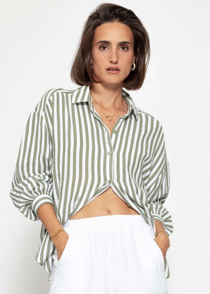SASSYCLASSY Longbluse Gestreifte Oversize Musselin Bluse Damen Musselinbluse oversize in Streifenmuster khaki von SASSYCLASSY