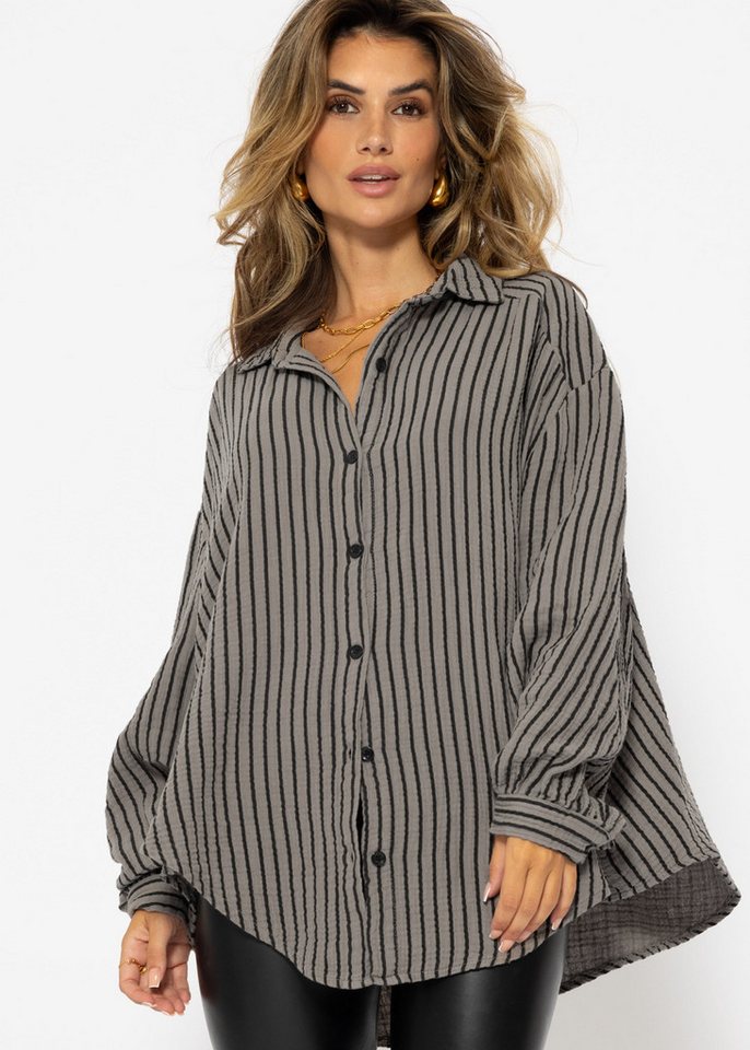 SASSYCLASSY Longbluse Oversize Musselin Bluse Damen Langarm Elegant Hemdbluse lang aus Baumwolle mit V-Ausschnitt, One Size (Gr. 36-48) von SASSYCLASSY