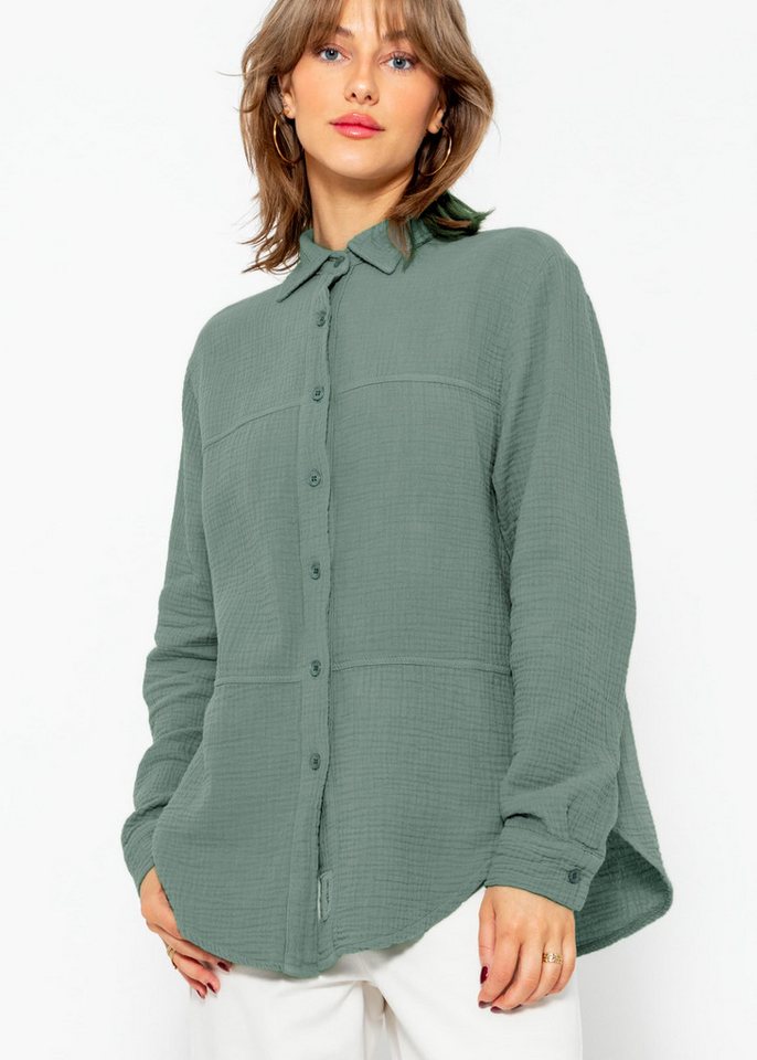 SASSYCLASSY Hemdbluse Musselin Bluse mit Ziernähten Baumwoll Bluse mit Patch, Kragen, Manschette und Knopfleiste von SASSYCLASSY