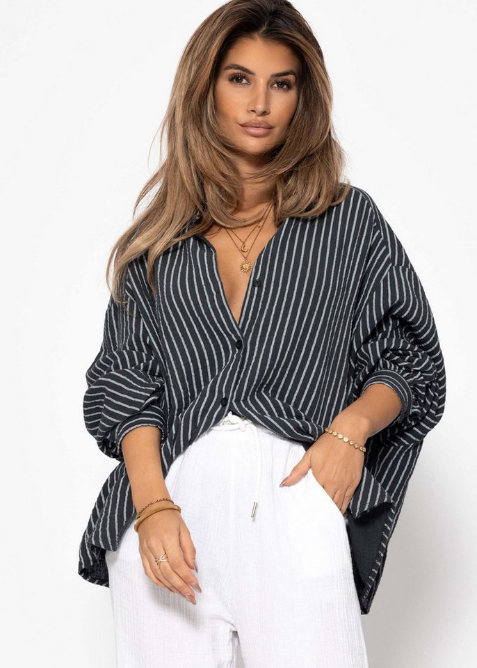 SASSYCLASSY Longbluse Musselin Bluse mit hellen Streifen für Damen Baumwollbluse im Oversized Fit mit Kent Kragen von SASSYCLASSY