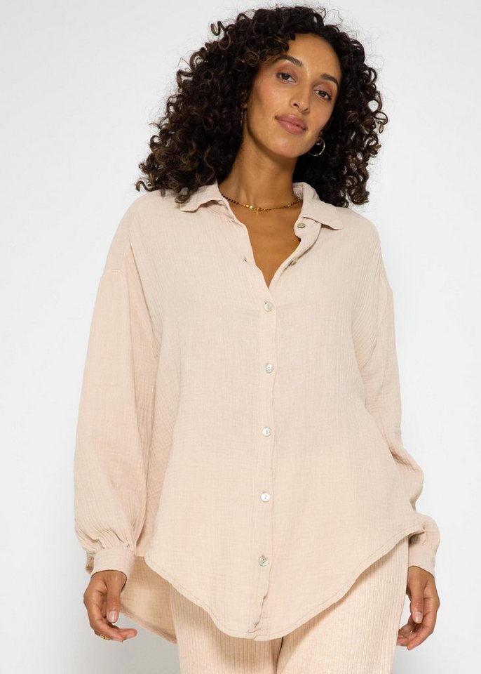 SASSYCLASSY Longbluse Oversize Musselin Bluse Damen Langarm Elegant Hemdbluse lang aus Baumwolle mit V-Ausschnitt, One Size (Gr. 36-48) von SASSYCLASSY