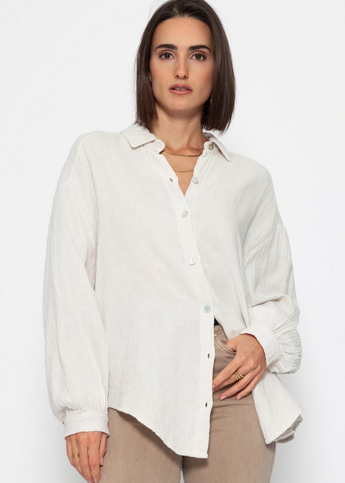 SASSYCLASSY Longbluse Oversize Musselin Bluse Damen kurz Langarm Elegant Hemdbluse lang aus Baumwolle mit V-Ausschnitt, One Size (Gr. 36-48) von SASSYCLASSY