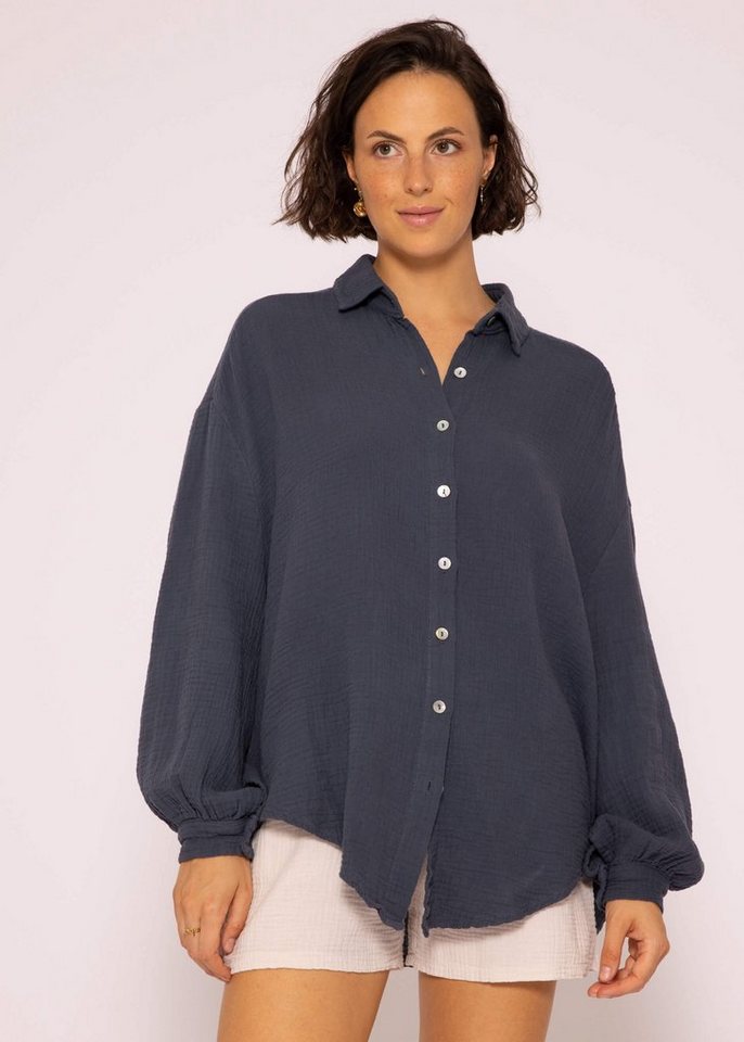 SASSYCLASSY Longbluse Oversize Musselin Bluse Damen Langarm Hemdbluse lang aus Baumwolle mit V-Ausschnitt, One Size (Gr. 36-48) von SASSYCLASSY