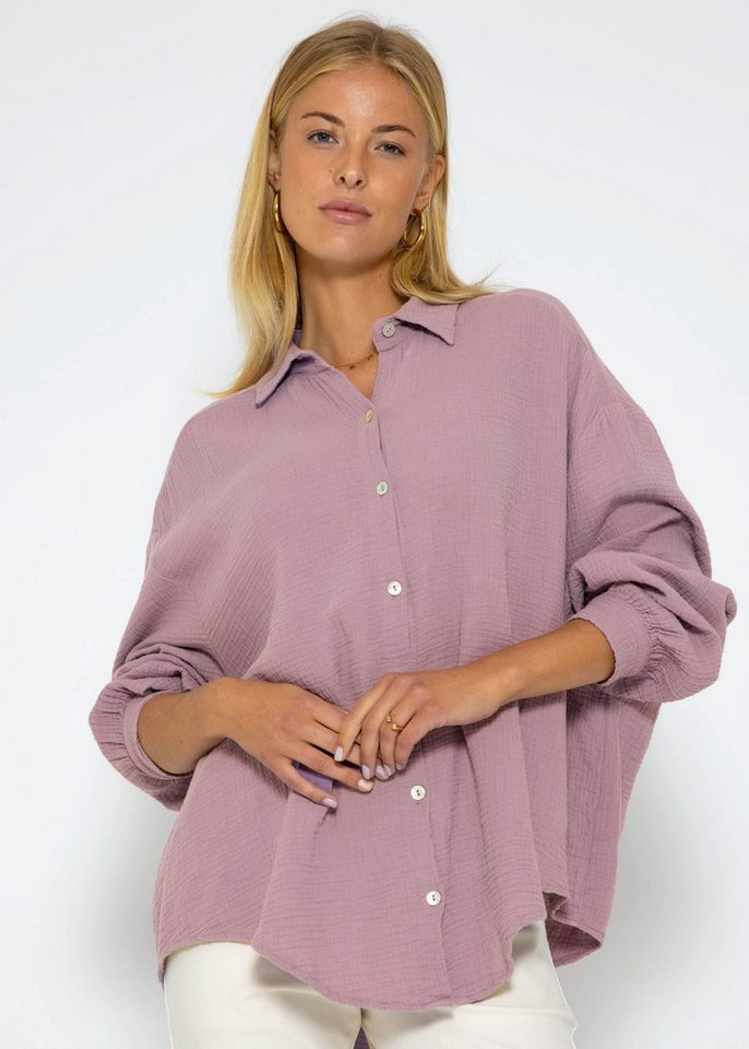 SASSYCLASSY Longbluse Oversize Musselin Bluse Damen Langarm Hemdbluse lang aus Baumwolle mit V-Ausschnitt, One Size (Gr. 36-48) von SASSYCLASSY