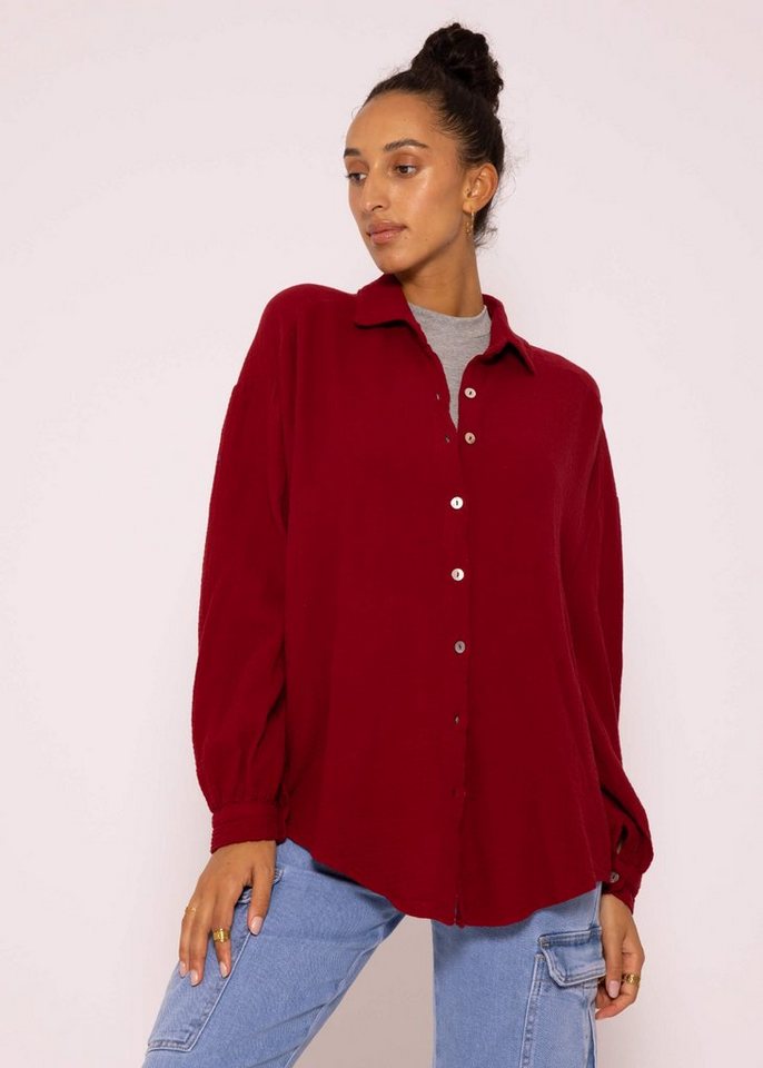 SASSYCLASSY Longbluse Oversize Musselin Bluse Damen kurz Langarm Elegant Hemdbluse lang aus Baumwolle mit V-Ausschnitt, One Size (Gr. 36-48) von SASSYCLASSY