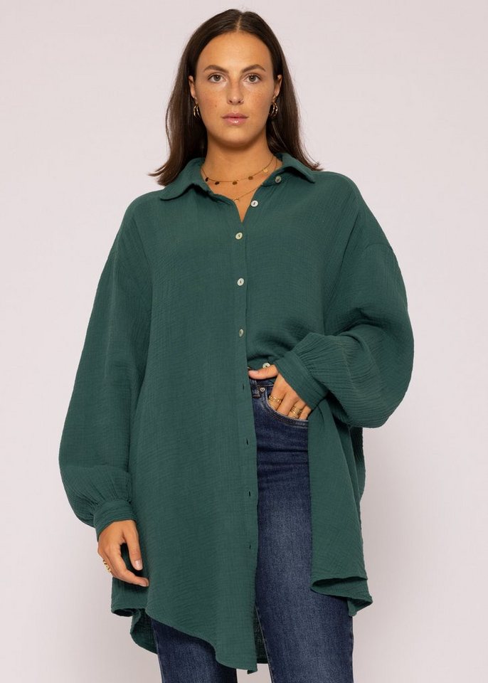 SASSYCLASSY Longbluse Oversize Musselin Bluse Damen Langarm Hemdbluse lang aus Baumwolle mit V-Ausschnitt, One Size (Gr. 36-48) von SASSYCLASSY