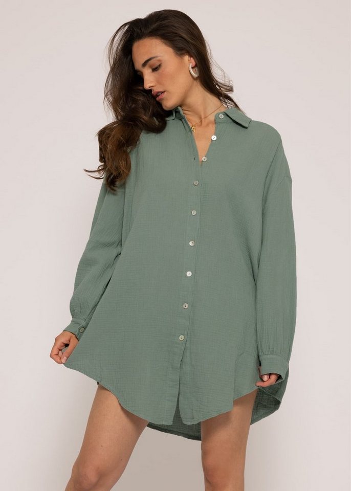 SASSYCLASSY Longbluse Oversize Musselin Bluse Damen Langarm Hemdbluse lang aus Baumwolle mit V-Ausschnitt, One Size (Gr. 36-48) von SASSYCLASSY