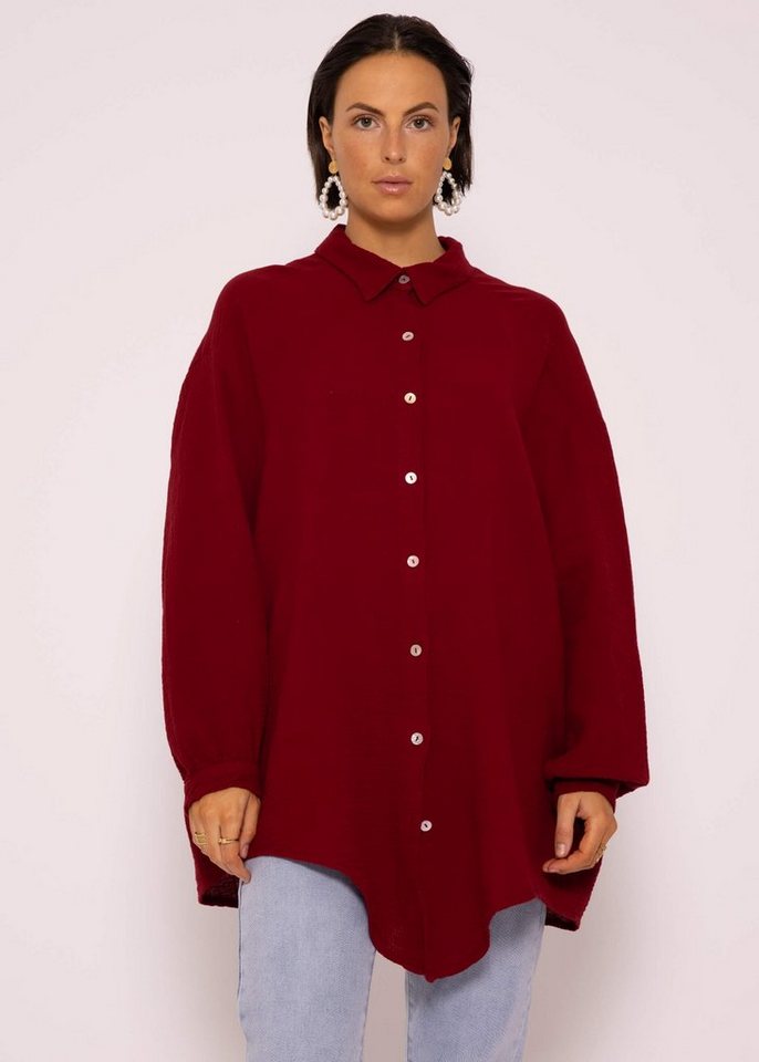 SASSYCLASSY Longbluse Oversize Musselin Bluse Damen Langarm Hemdbluse lang aus Baumwolle mit V-Ausschnitt, One Size (Gr. 36-48) von SASSYCLASSY