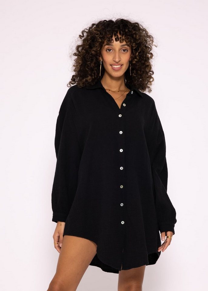 SASSYCLASSY Longbluse Oversize Musselin Bluse Damen Langarm Hemdbluse lang aus Baumwolle mit V-Ausschnitt, One Size (Gr. 36-48) von SASSYCLASSY