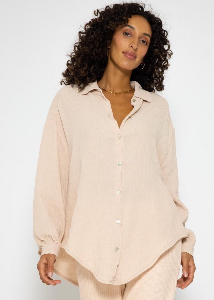 SASSYCLASSY Longbluse Oversize Musselin Bluse Damen Langarm Hemdbluse lang aus Baumwolle mit V-Ausschnitt, One Size (Gr. 36-48) von SASSYCLASSY