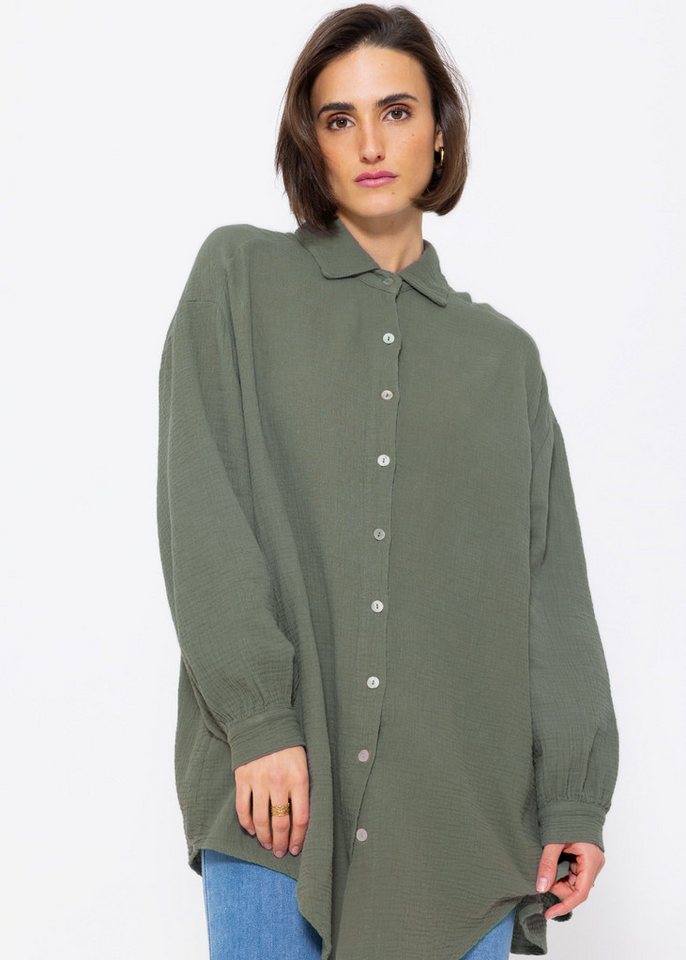 SASSYCLASSY Longbluse Oversize Musselin Bluse Damen Langarm Elegant Hemdbluse lang aus Baumwolle mit V-Ausschnitt, One Size (Gr. 36-48) von SASSYCLASSY