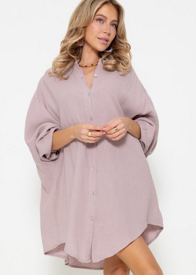 SASSYCLASSY Longbluse Oversize Musselin Bluse Damen Langarm Elegant Hemdbluse lang aus Baumwolle mit V-Ausschnitt, One Size (Gr. 36-48) von SASSYCLASSY