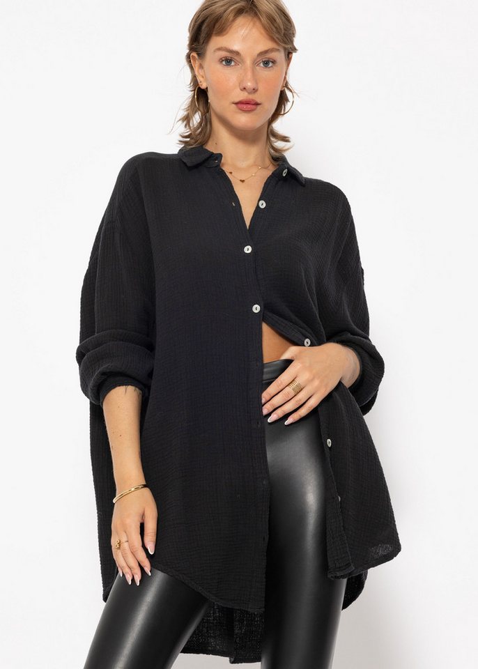 SASSYCLASSY Longbluse Oversize Musselin Bluse Damen Langarm Elegant Hemdbluse lang aus Baumwolle mit V-Ausschnitt, One Size (Gr. 36-48) von SASSYCLASSY