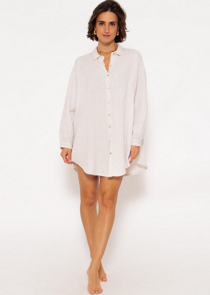 SASSYCLASSY Longbluse Oversize Musselin Bluse Damen Langarm Hemdbluse lang aus Baumwolle mit V-Ausschnitt, One Size (Gr. 36-48) von SASSYCLASSY