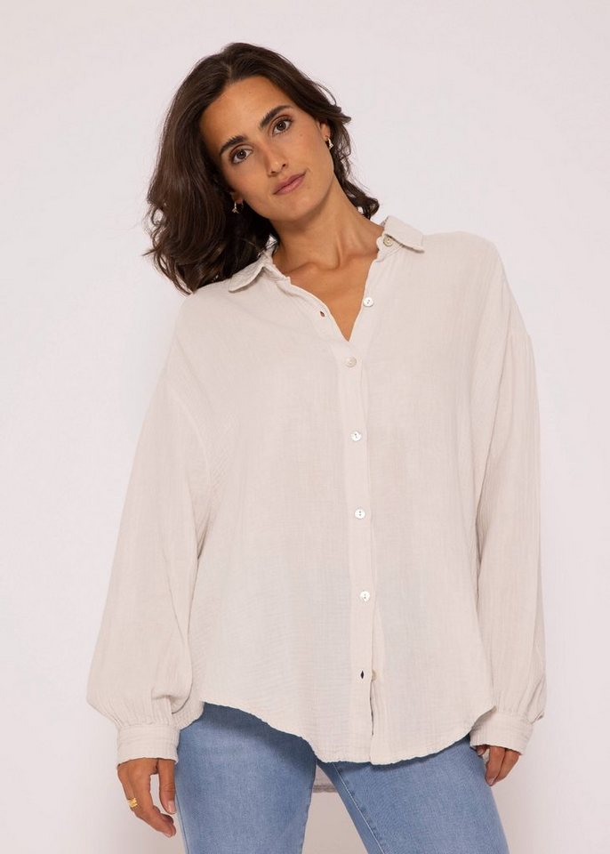 SASSYCLASSY Longbluse Oversize Musselin Bluse Damen kurz Langarm Elegant Hemdbluse lang aus Baumwolle mit V-Ausschnitt, One Size (Gr. 36-48) von SASSYCLASSY