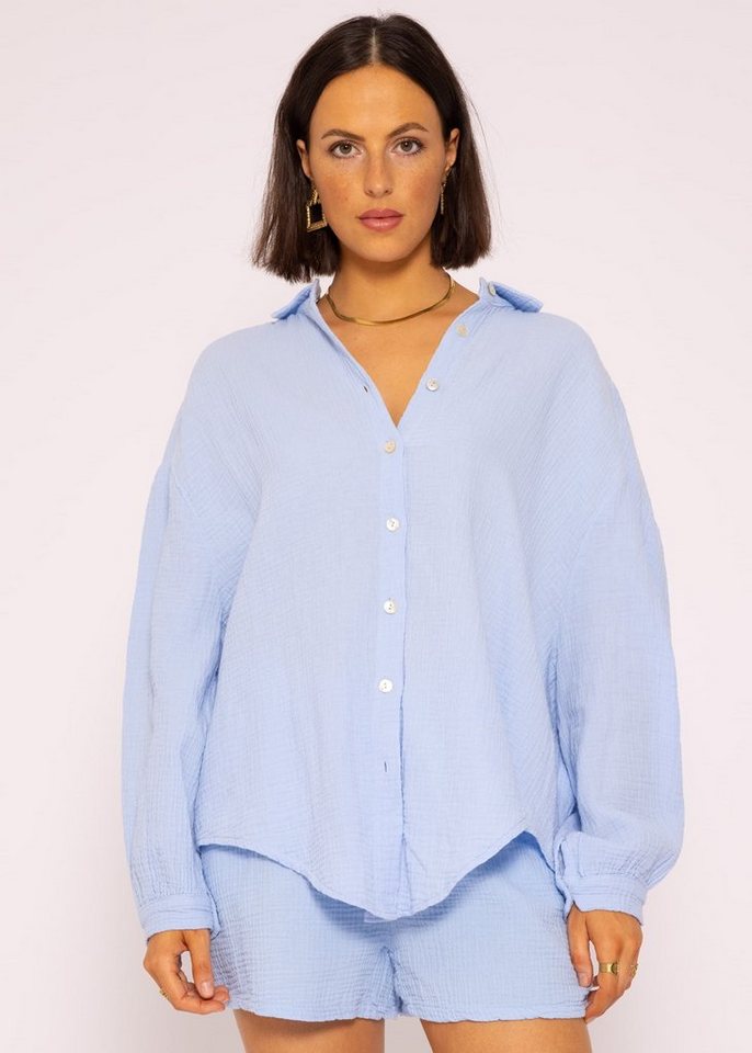 SASSYCLASSY Longbluse Oversize Musselin Bluse Damen kurz Langarm Elegant Hemdbluse lang aus Baumwolle mit V-Ausschnitt, One Size (Gr. 36-48) von SASSYCLASSY