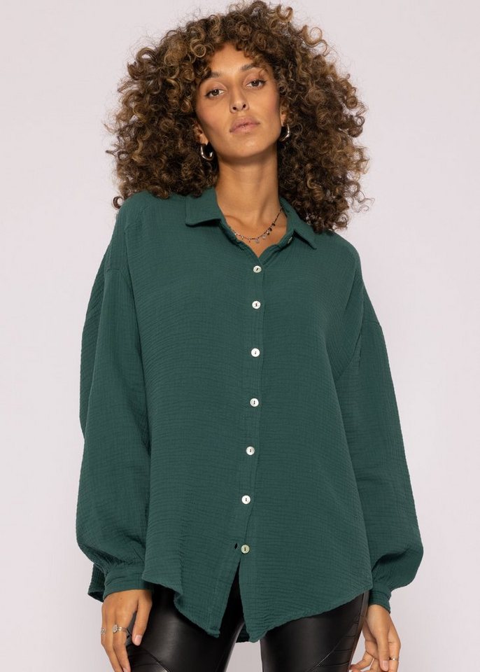 SASSYCLASSY Longbluse Oversize Musselin Bluse Damen kurz Langarm Elegant Hemdbluse lang aus Baumwolle mit V-Ausschnitt, One Size (Gr. 36-48) von SASSYCLASSY