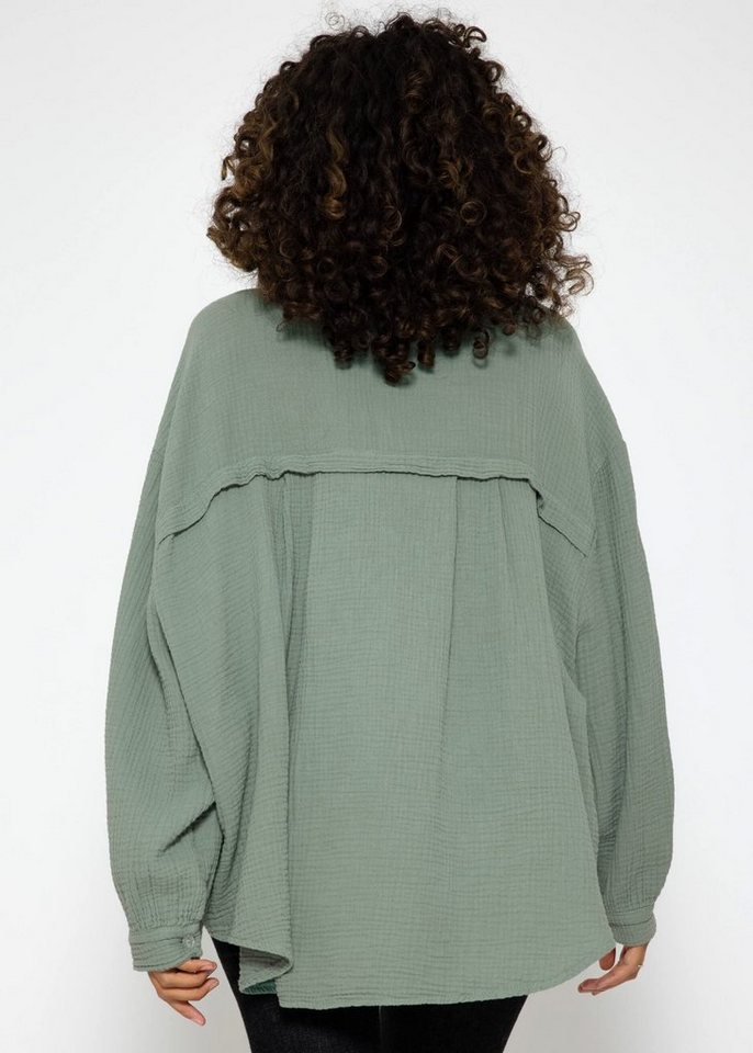 SASSYCLASSY Longbluse Oversize Musselin Bluse Damen kurz Langarm Elegant Hemdbluse lang aus Baumwolle mit V-Ausschnitt, One Size (Gr. 36-48) von SASSYCLASSY